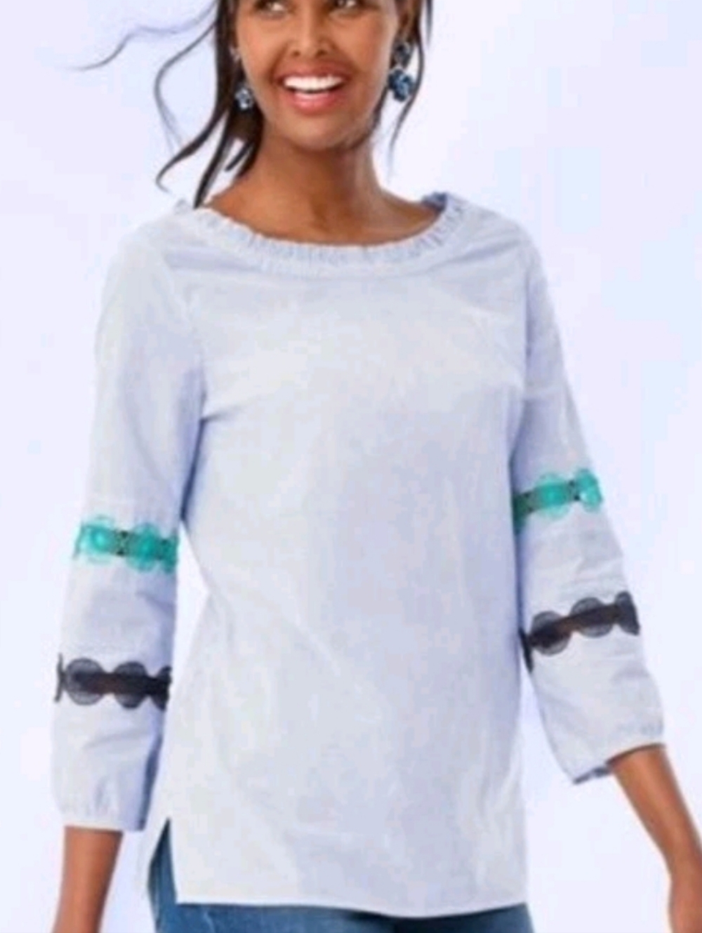 Talbots Blue White Striped Embroidered Lace Trim 3/4 Balloon Sleeves Blouse M